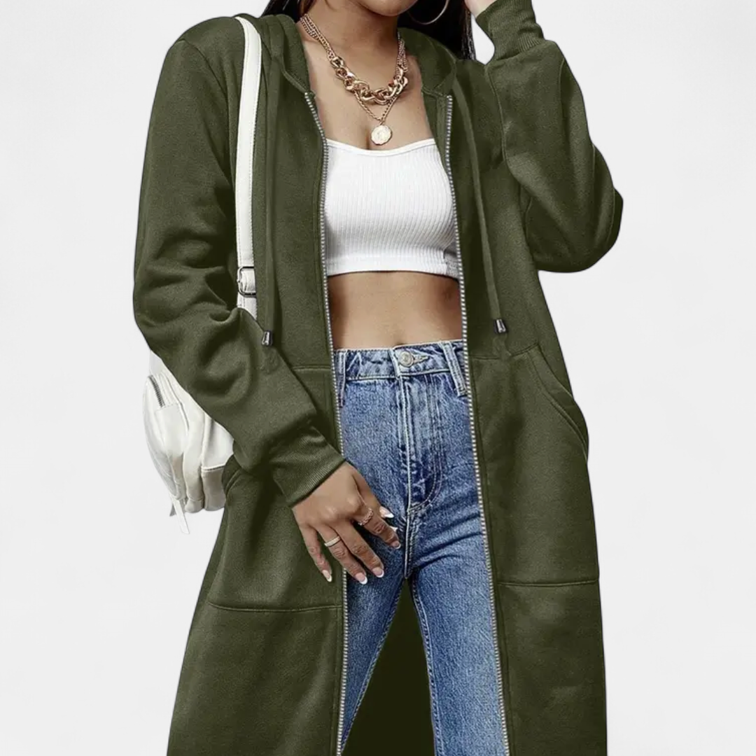Women's Long Oversized Zip Up Hoodie, Drawstring Hood Pockets