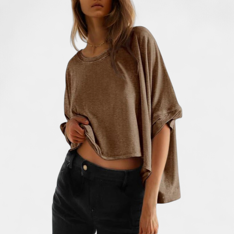 Women's Cropped Boxy Oversized T Shirt, Crew Neck Batwing Sleeves