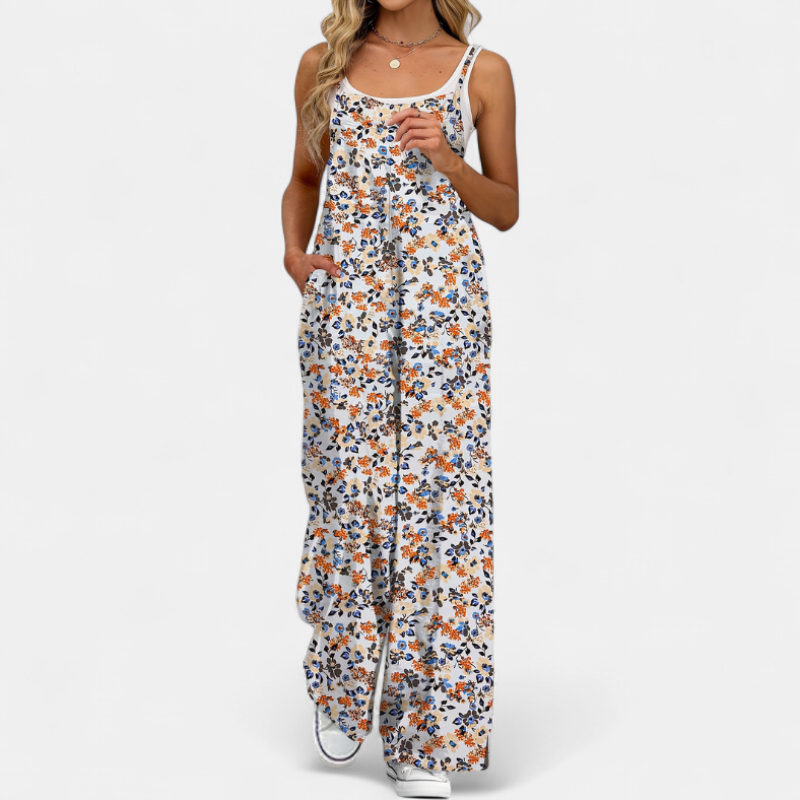 Women's Sleeveless Floral Wide Leg Jumpsuit, Strappy Side Pockets