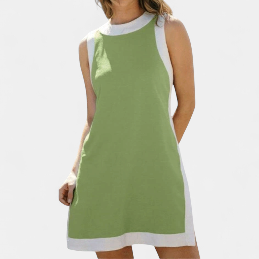 Women's Shift A Line Mini Dress, Sleeveless Color Block Pockets