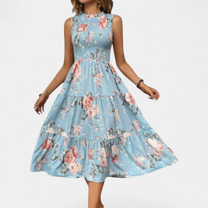 ELOWEN | Boho Floral Ruched Midi Dress