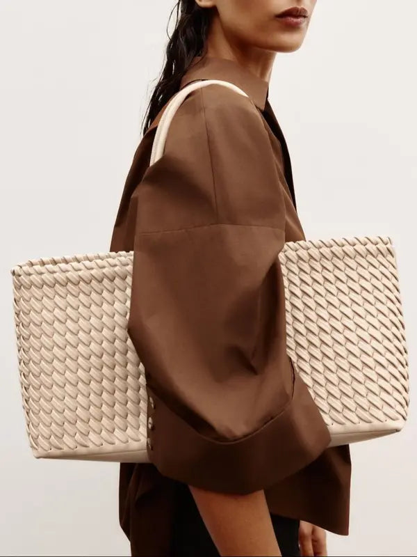 Women's Woven Tote Bag, Faux Leather Rolled Handles Open Top