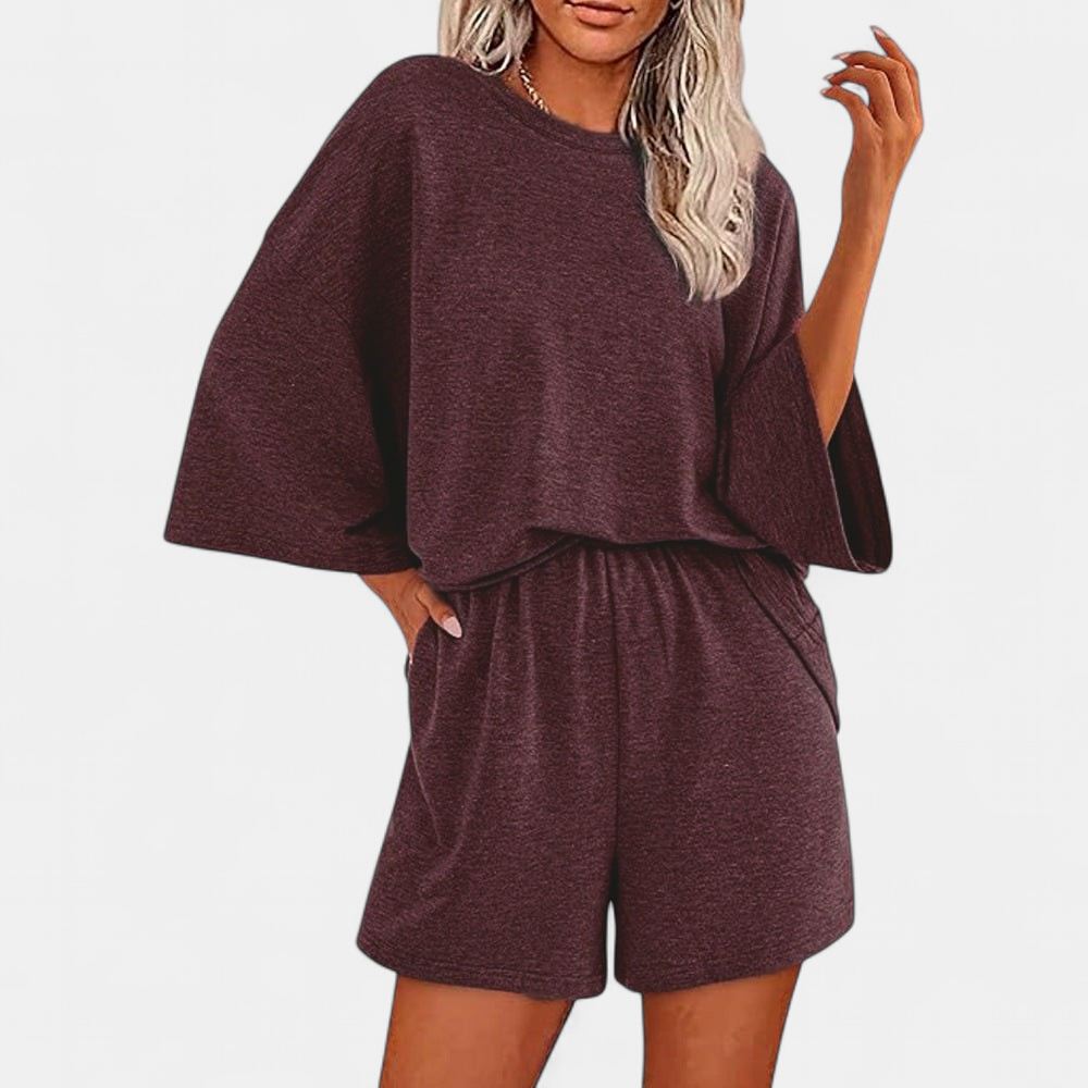 Women's Oversized Lounge Set, Drop Shoulder Elastic Waist Shorts