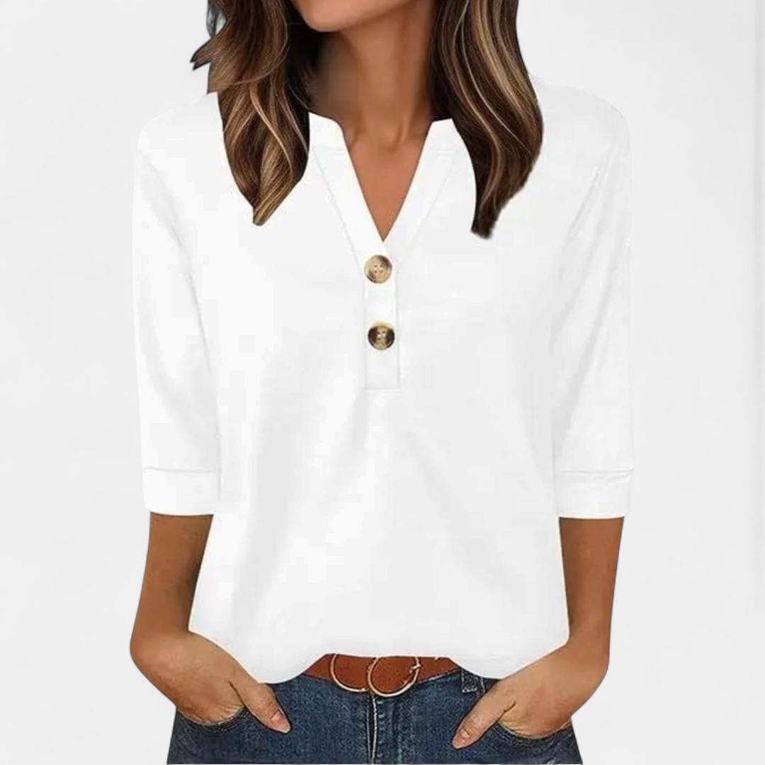 Women's Loose V Neck Blouse, Button Placket Cuffed Sleeves