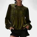 Women's Velvet Lace Long Sleeve Blouse, Balloon Cuffs Smocked Neck