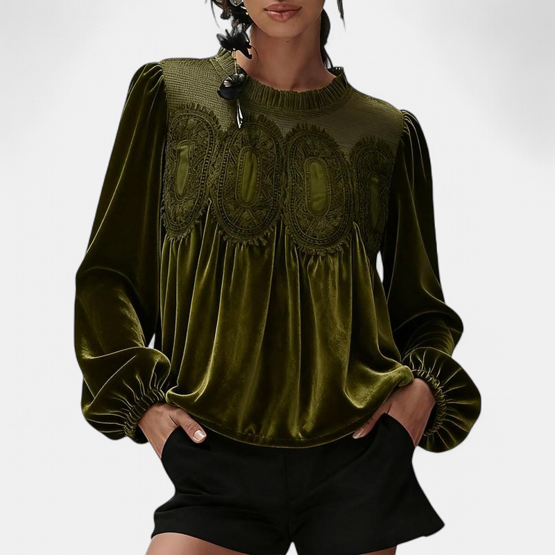 Women's Velvet Lace Long Sleeve Blouse, Balloon Cuffs Smocked Neck