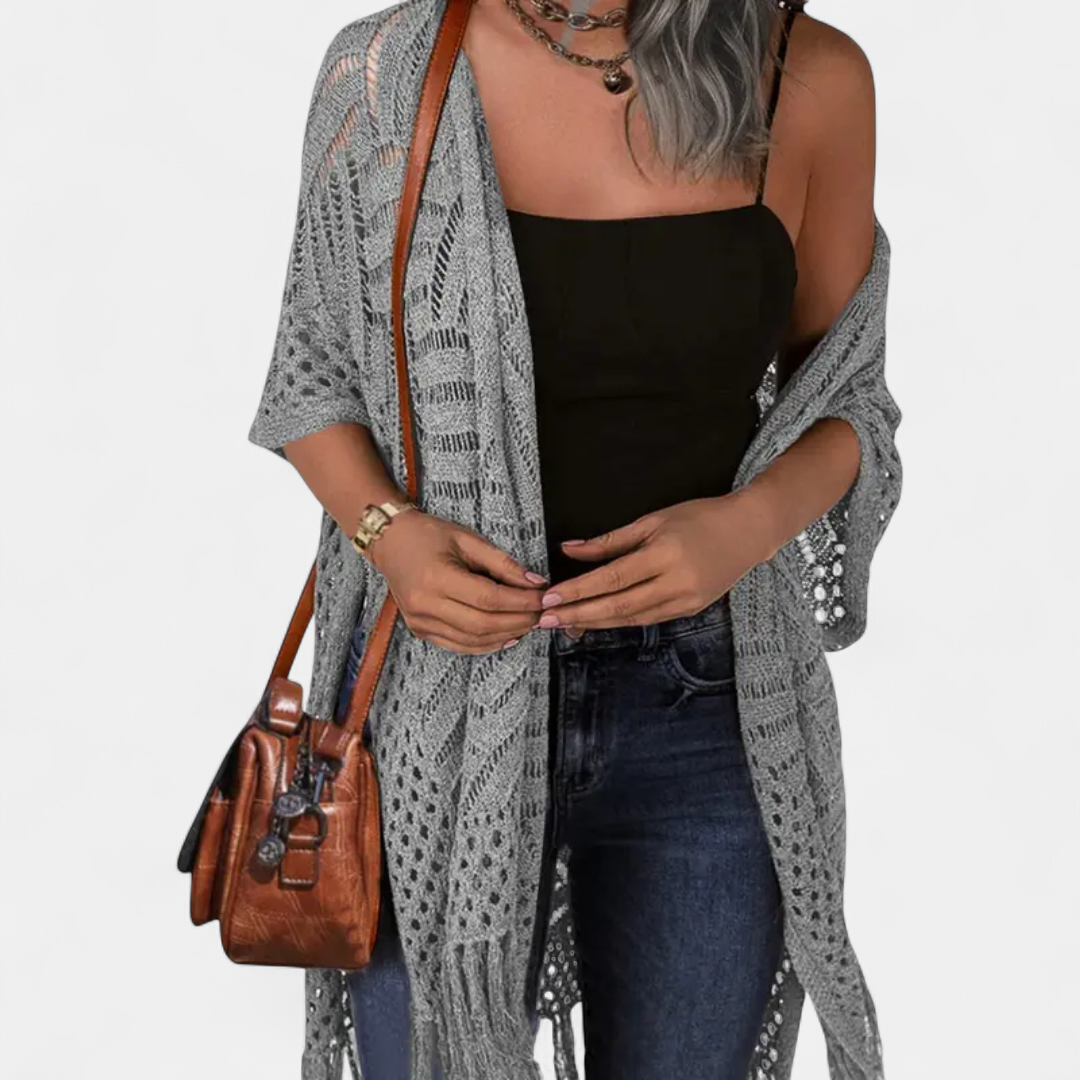 Women's Long Crochet Cardigan Sweater, Open Front Tassel Hem