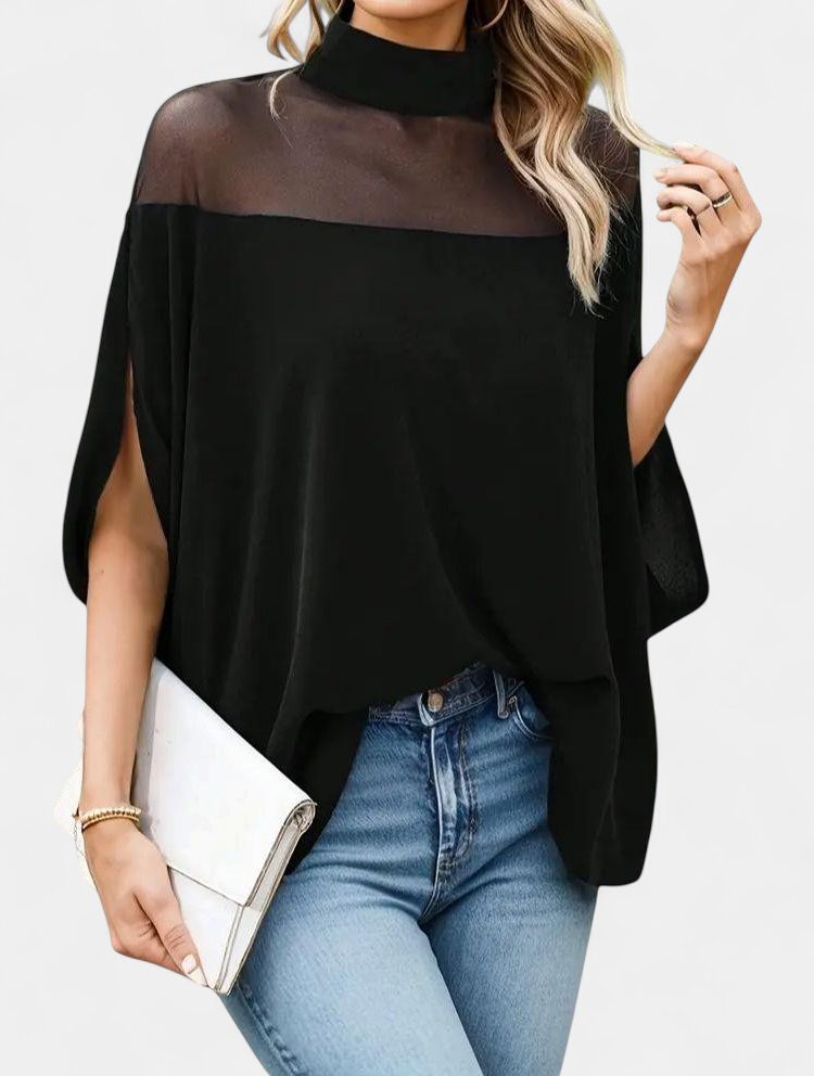 Women's Batwing High Neck Chiffon Blouse, Mesh Yoke Draped Hem