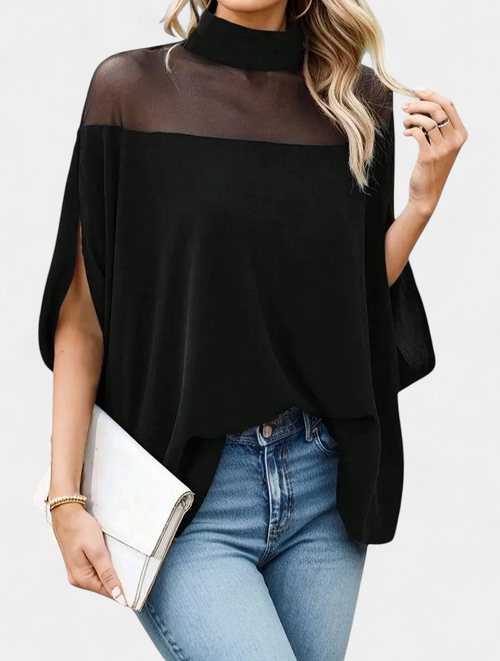 Women's Batwing High Neck Chiffon Blouse, Mesh Yoke Draped Hem