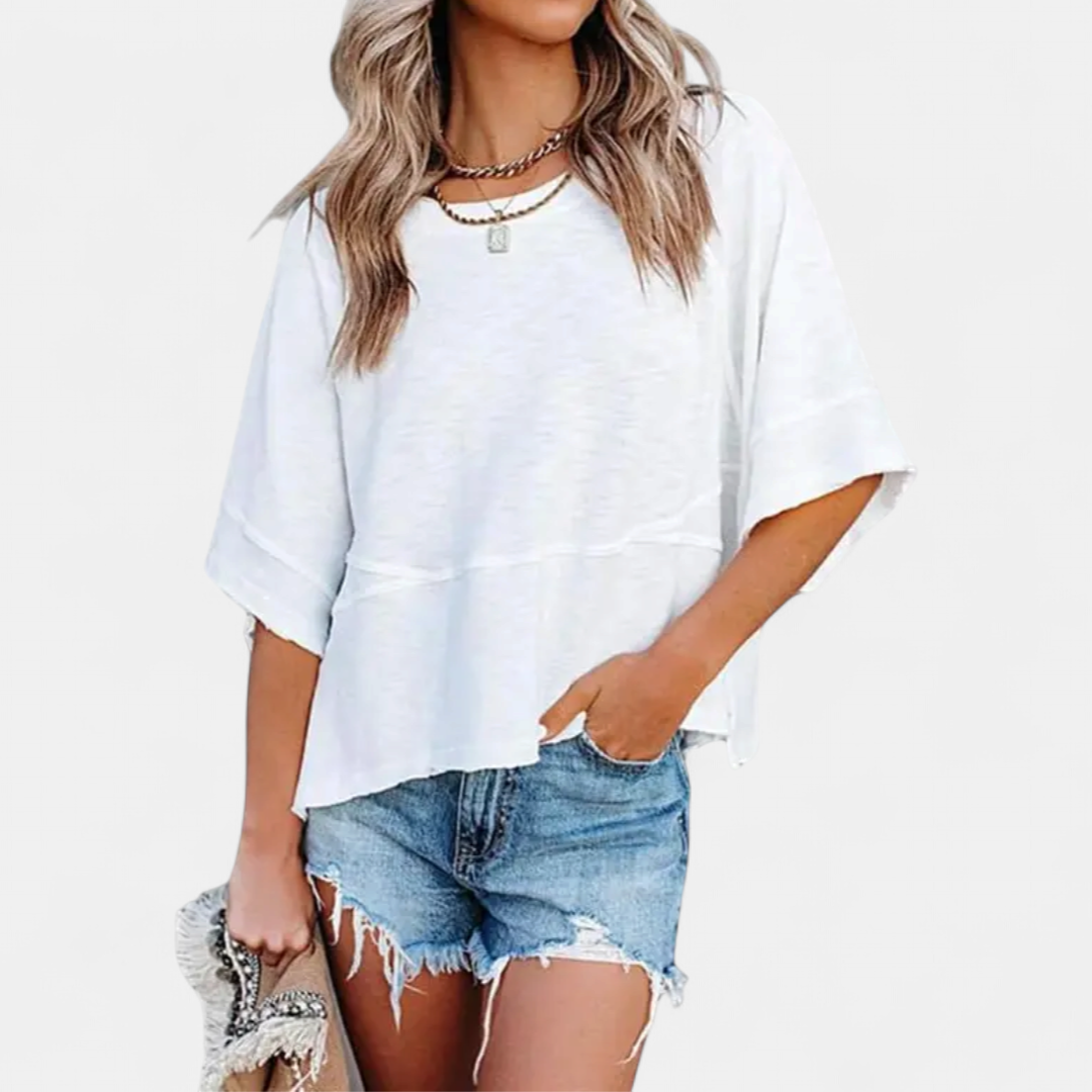 Women's Flowy Short Sleeve Blouse, Oversized Round Neck Side Slits