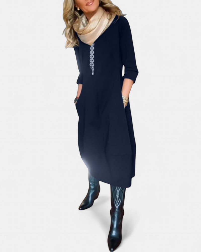Women's Knit Midi Dress, Crew Neck Three Quarter Sleeves Pockets