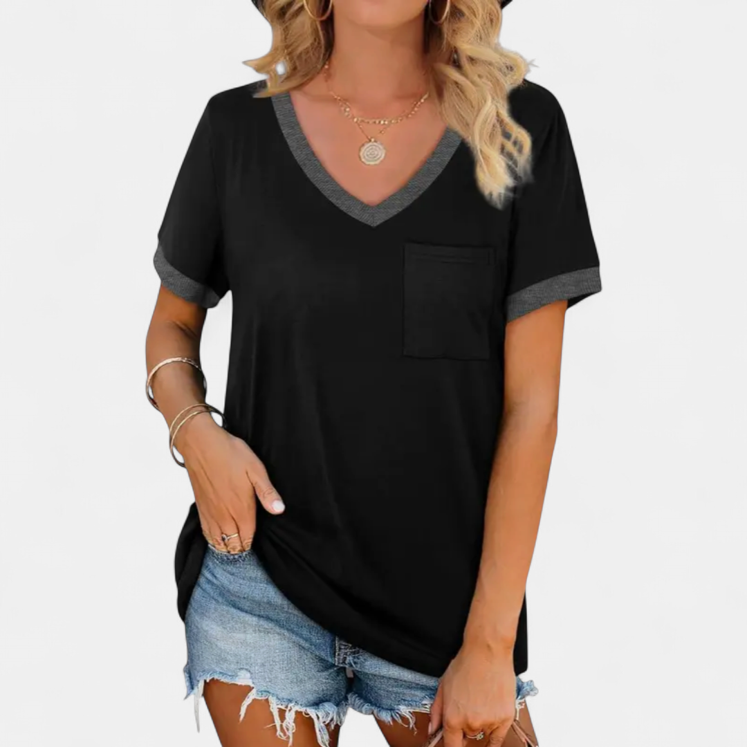Women's Loose V Neck T Shirt, Contrast Ribbed Trim Chest Pocket