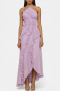 Women's Pleated Halter Maxi Dress, Ruffle Trim High Low Hem
