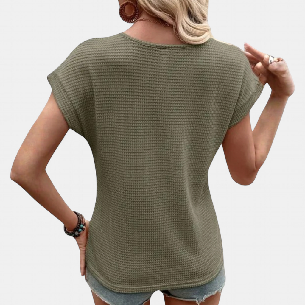 Women's Waffle Knit Short Sleeve Sweater, Lace Trim Round Neck