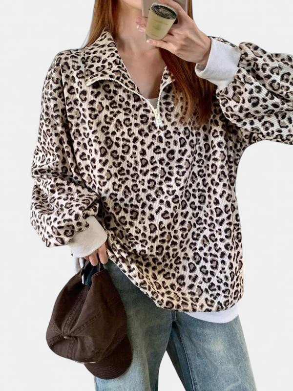 Women's Quarter Zip Oversized Sweatshirt, Leopard Print Collar Cuffs