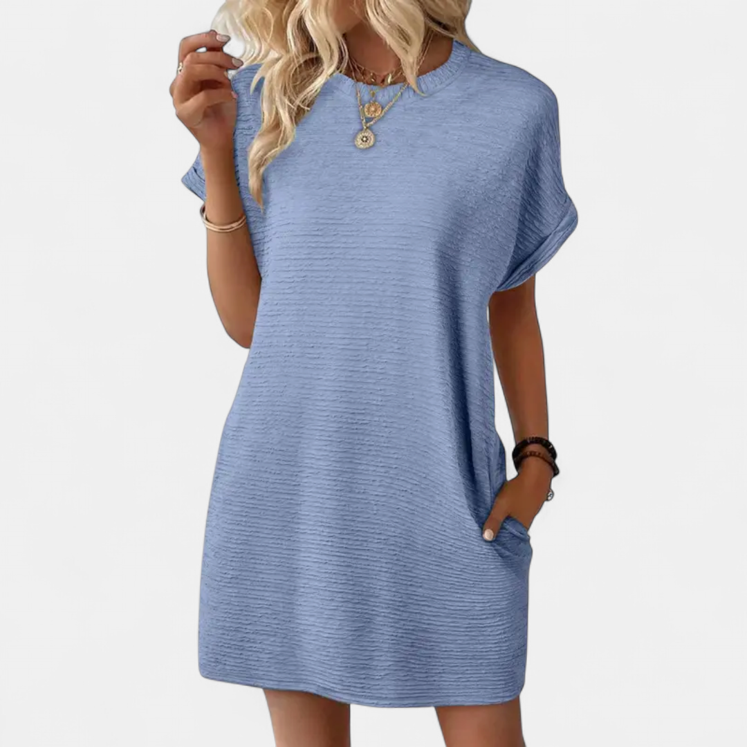 Women's Casual Shift Mini Dress, Crew Neck Cuffed Sleeves Pockets