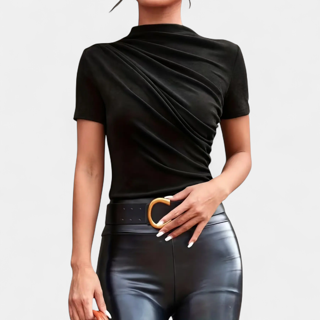 Women's Mock Neck T Shirt, Ruched Drape Slim Fit Short Sleeve