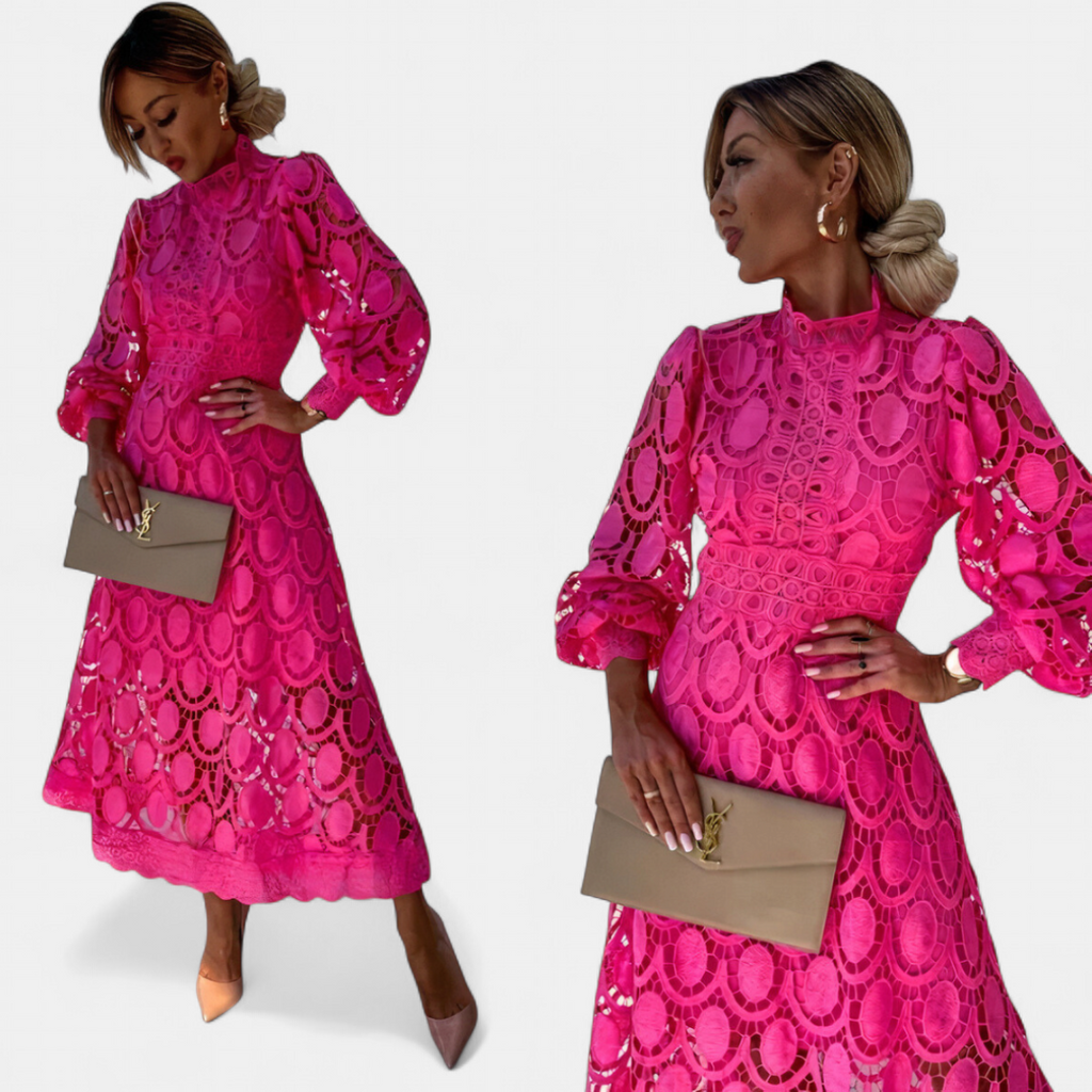 Women's Lace Long Sleeve Midi Dress, Mock Neck Scalloped Hem