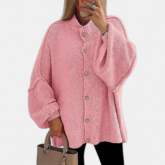 Women's Oversized Sweater Jacket, Chunky Knit Button Front Mock Neck