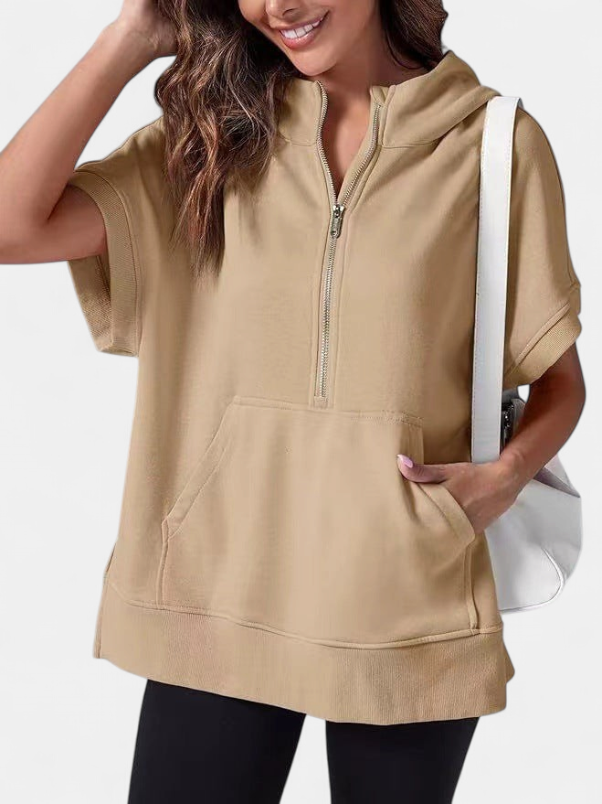 Women's Half Zip Short Sleeve Oversized Hoodie, Kangaroo Pocket