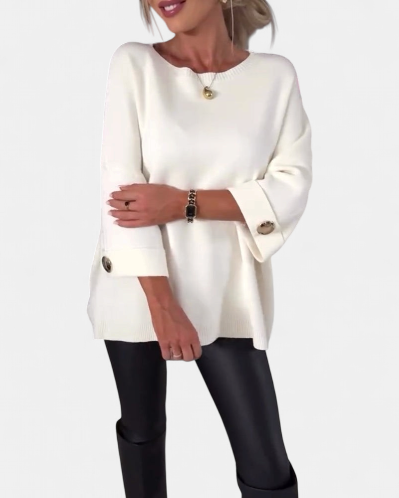 Women's Boat Neck Oversized Sweater, Button Cuffs Side Split Hem