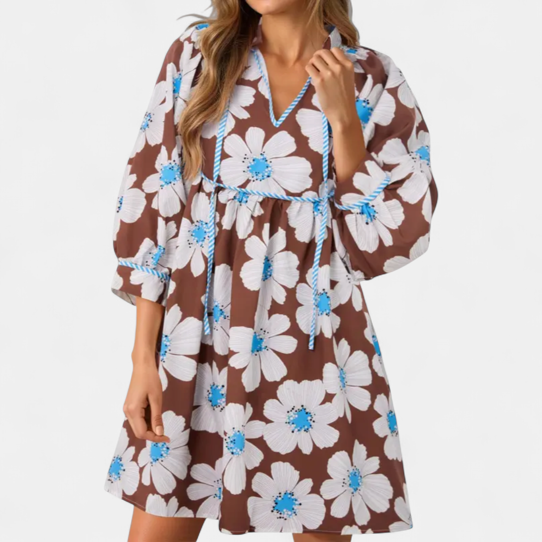 Women's Floral Babydoll Mini Dress, Balloon Sleeves Tie Neck