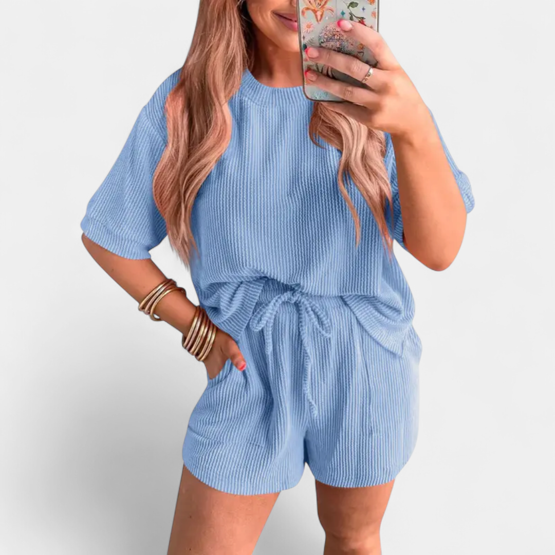 Women's Knit Lounge Set, Short Sleeve Crinkle Rib Shorts