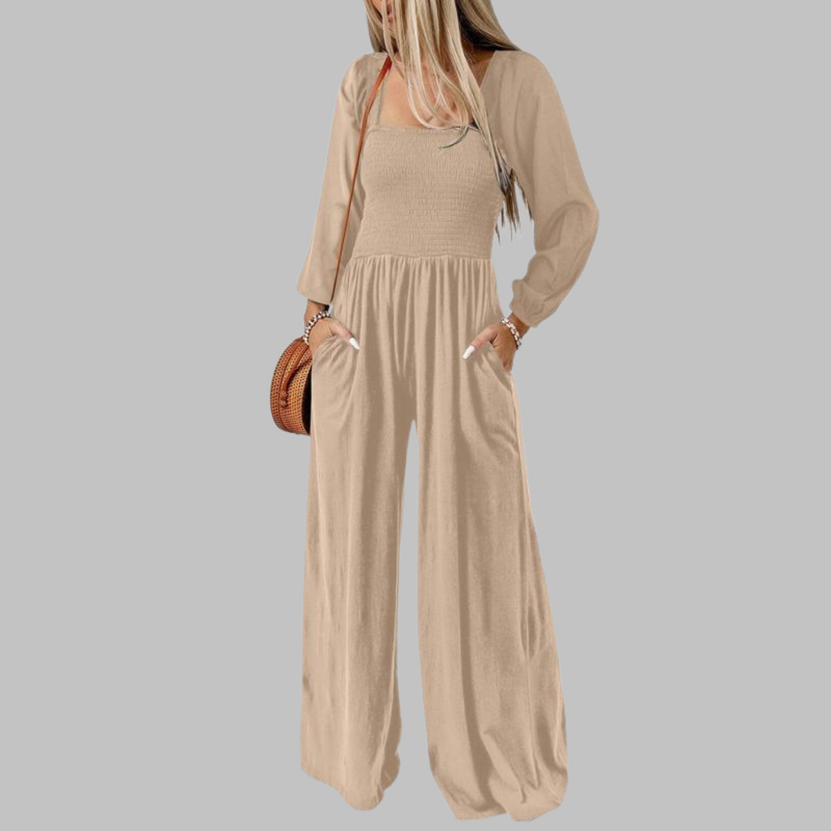 Women's Wide Leg Long Sleeve Jumpsuit, Smocked Square Neck Pockets