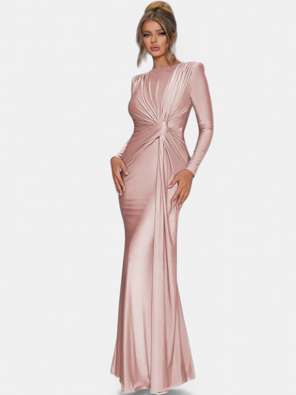 Women's Ruched Long Sleeve Maxi Dress, High Neck Fitted Drape