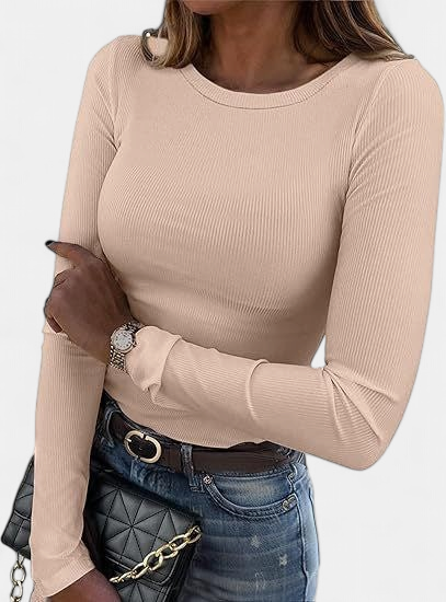 MERIAM | Women Rib Knit Long Sleeve Slim Fit Crewneck Top