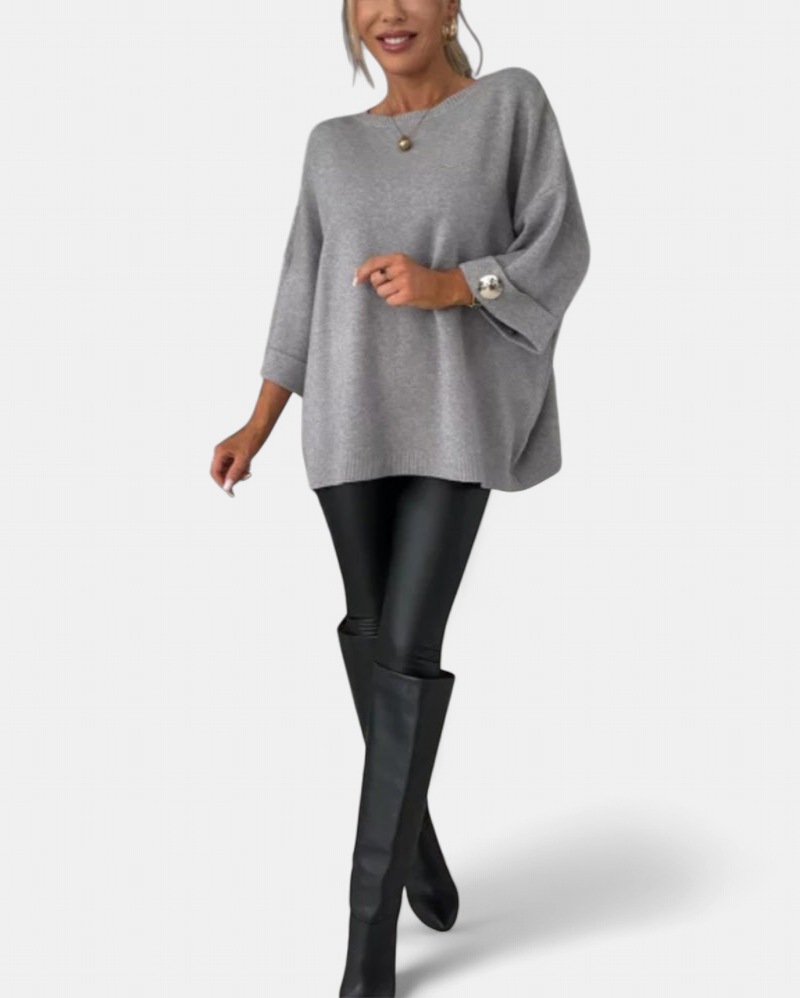 Women's Boat Neck Oversized Sweater, Button Cuffs Side Split Hem