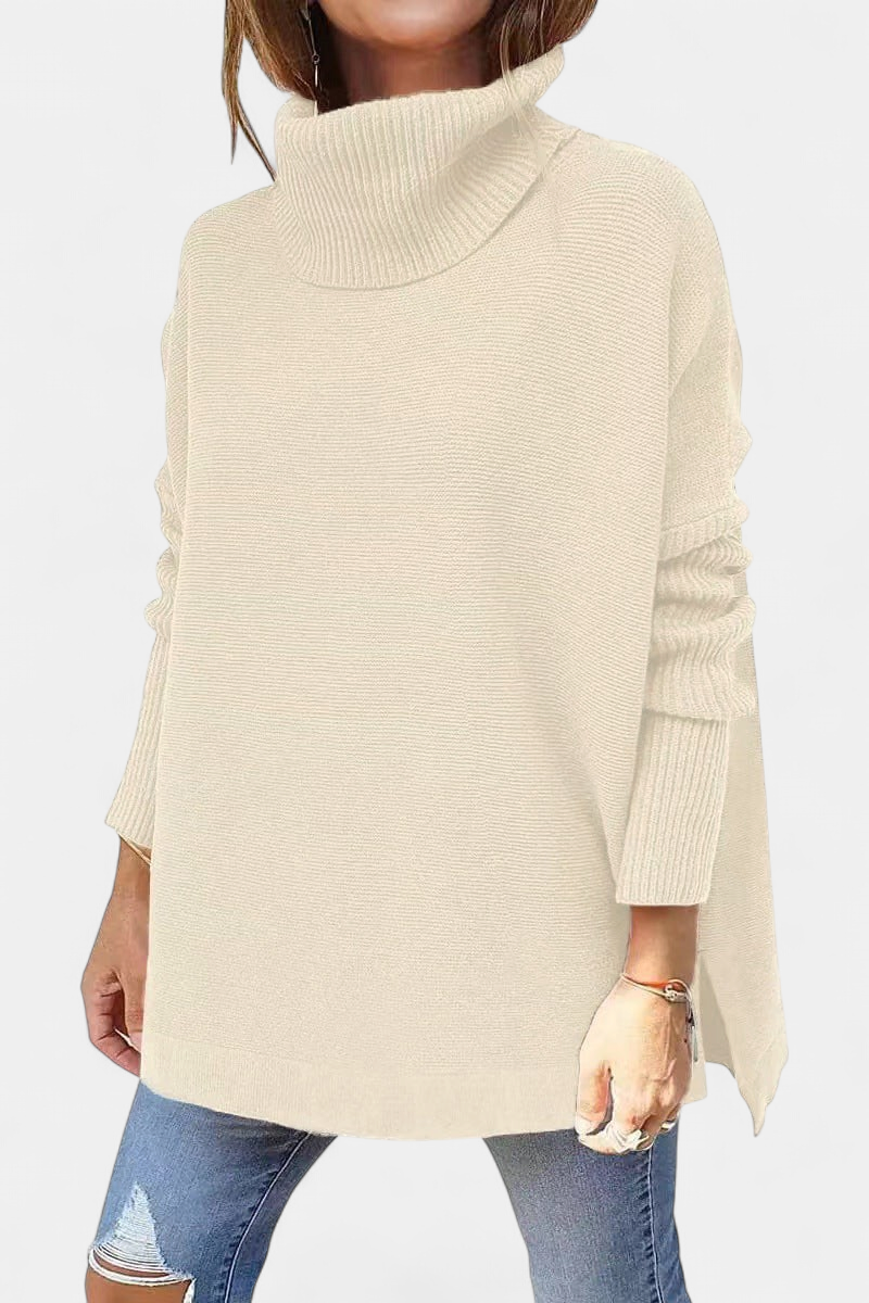 Women's Knit Turtleneck Sweater, Oversized Batwing Split Hem