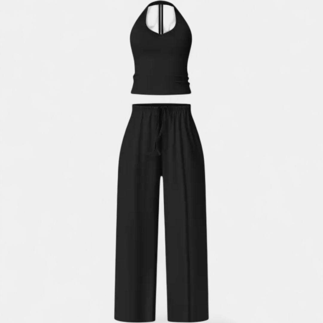 Women's Matching Set, Halter Neck Fitted Crop Wide Leg Drawstring