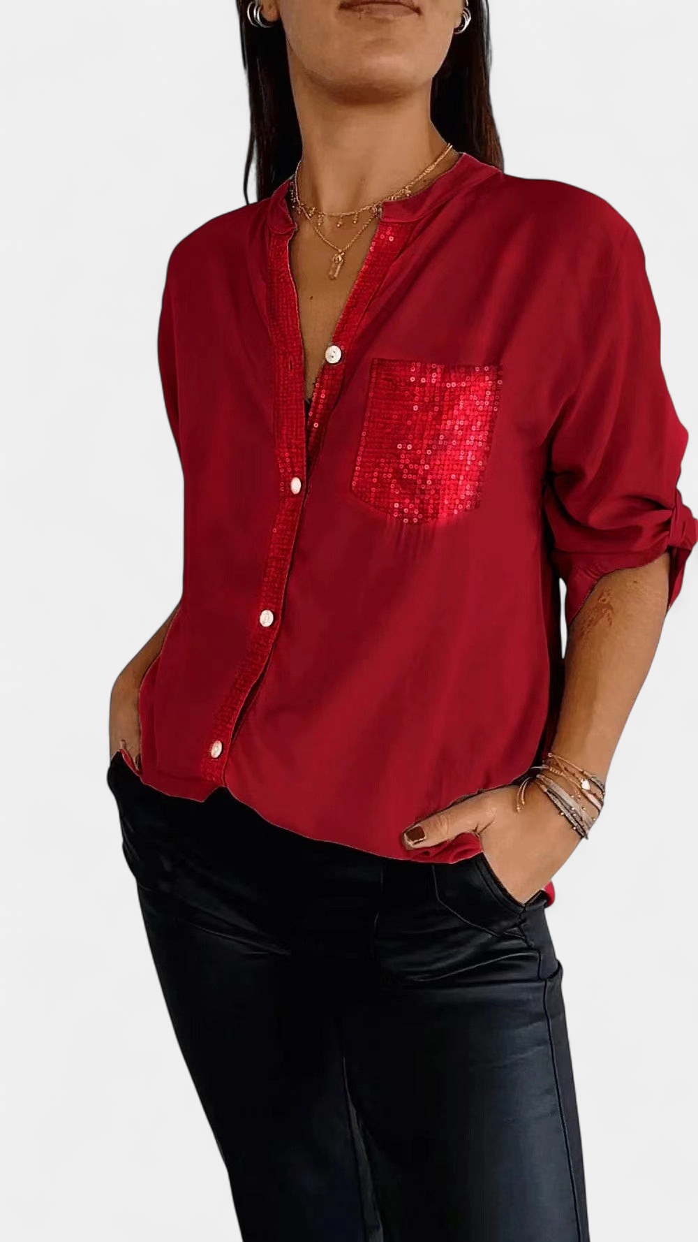 Women's Collared Button Down Long Sleeve Blouse, Sequin Trim Pocket