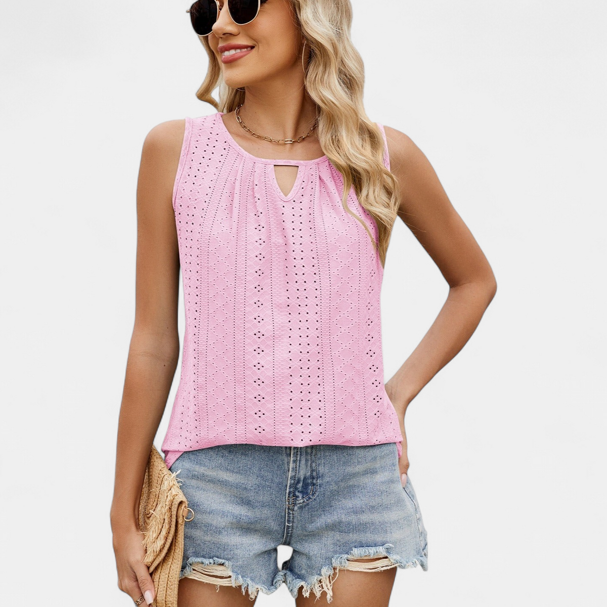 Women's Pleated Eyelet Sleeveless Blouse, Keyhole Round Neck Boxy