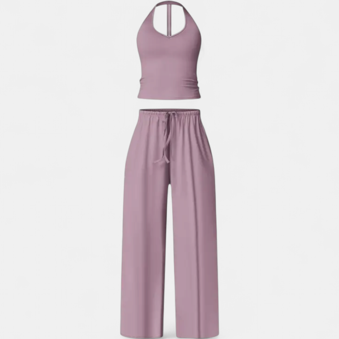 Women's Matching Set, Halter Neck Fitted Crop Wide Leg Drawstring