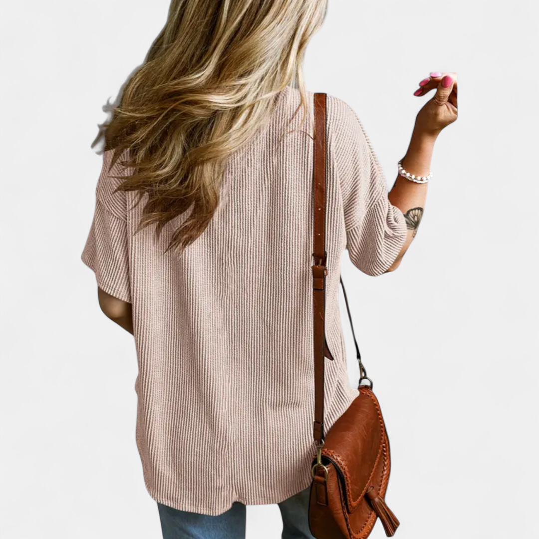 Women's Oversized V Neck Short Sleeve Blouse, Ribbed Knit Pocket