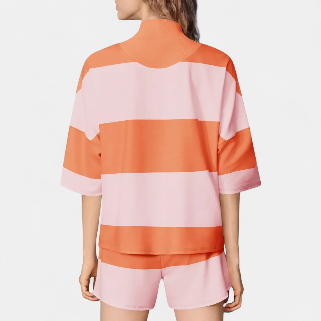 Women's Oversized Two Piece Lounge Set, Quarter Zip Shorts