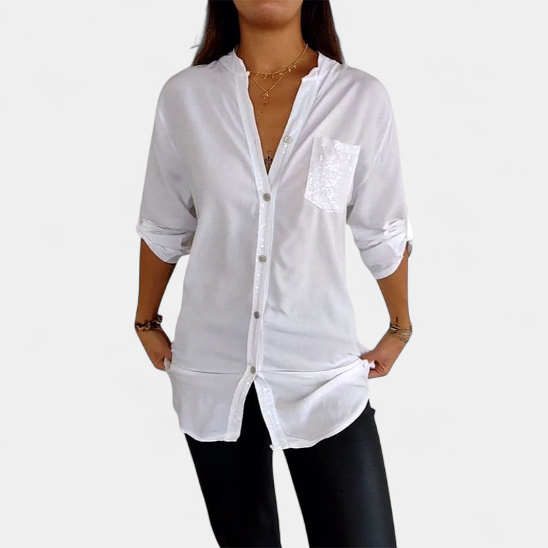 Women's Collared Button Down Long Sleeve Blouse, Sequin Trim Pocket