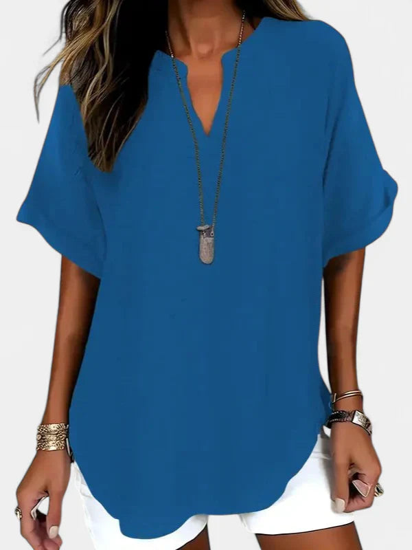 Women's Flowy V Neck Blouse, Relaxed Fit Rolled Sleeves Curved Hem
