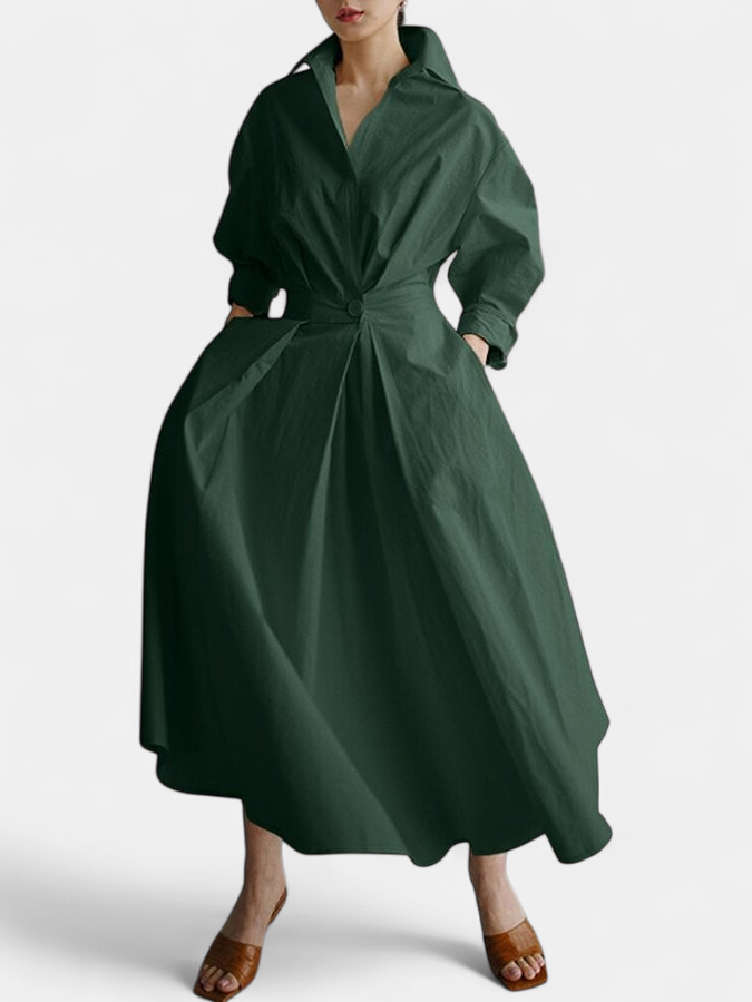 Women's Pleated Shirt Maxi Dress, Collared Long Sleeves Pockets
