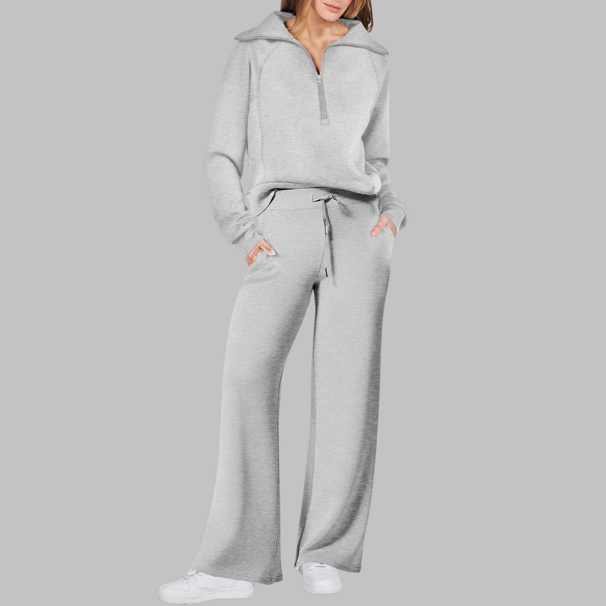 Women's Matching Two Piece Lounge Set, Half Zip Collar Wide Leg