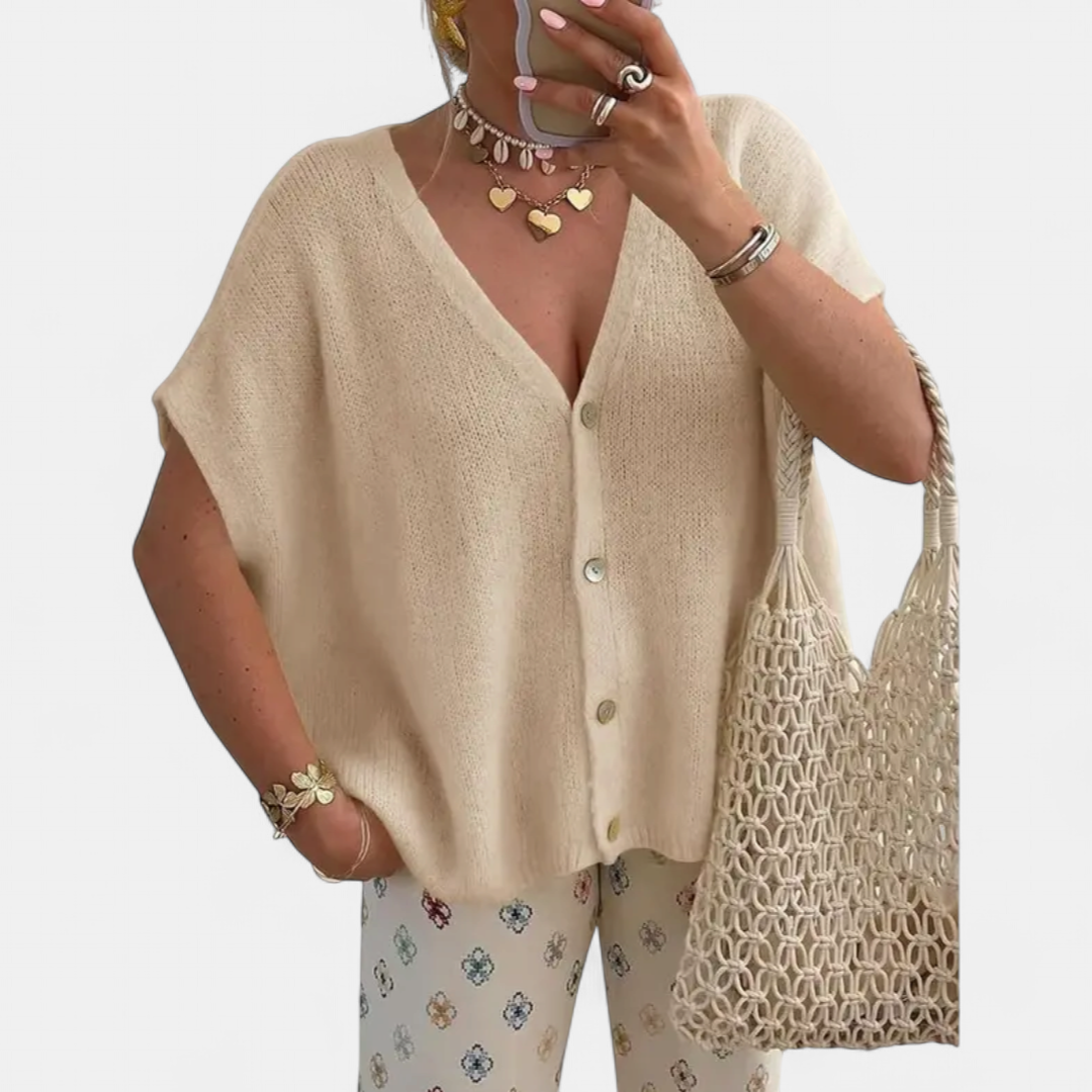 Women's Short Sleeve Knit Cardigan Sweater, V Neck Relaxed Fit