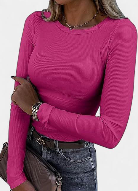 MERIAM | Women Rib Knit Long Sleeve Slim Fit Crewneck Top