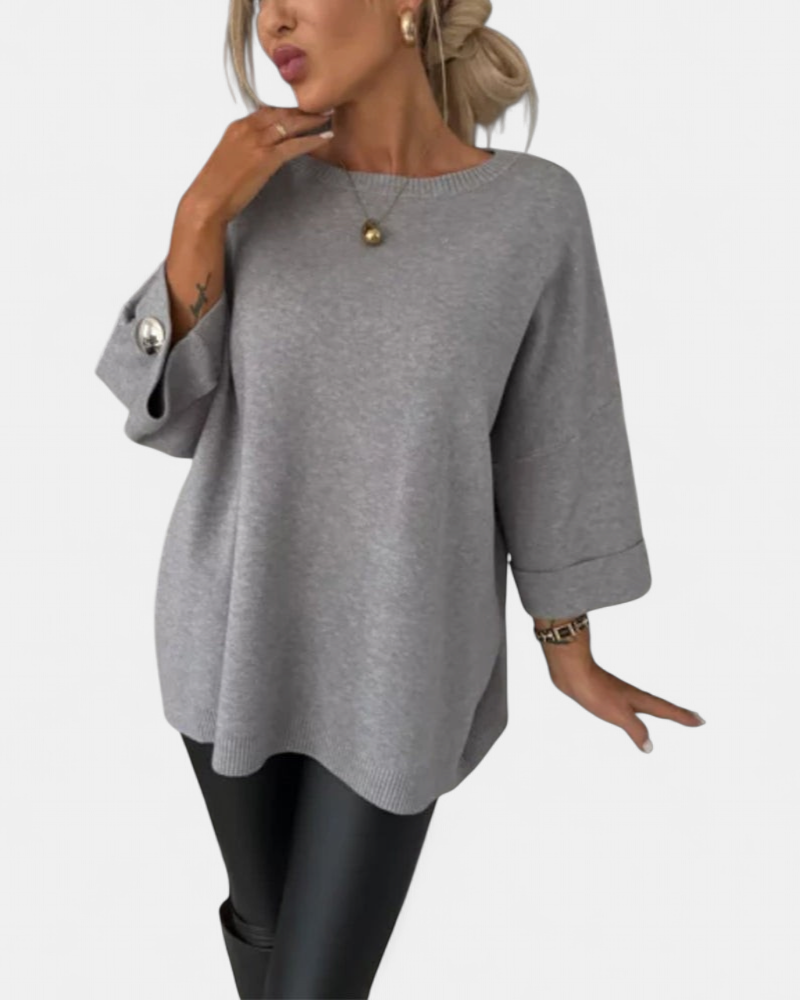 Women's Boat Neck Oversized Sweater, Button Cuffs Side Split Hem