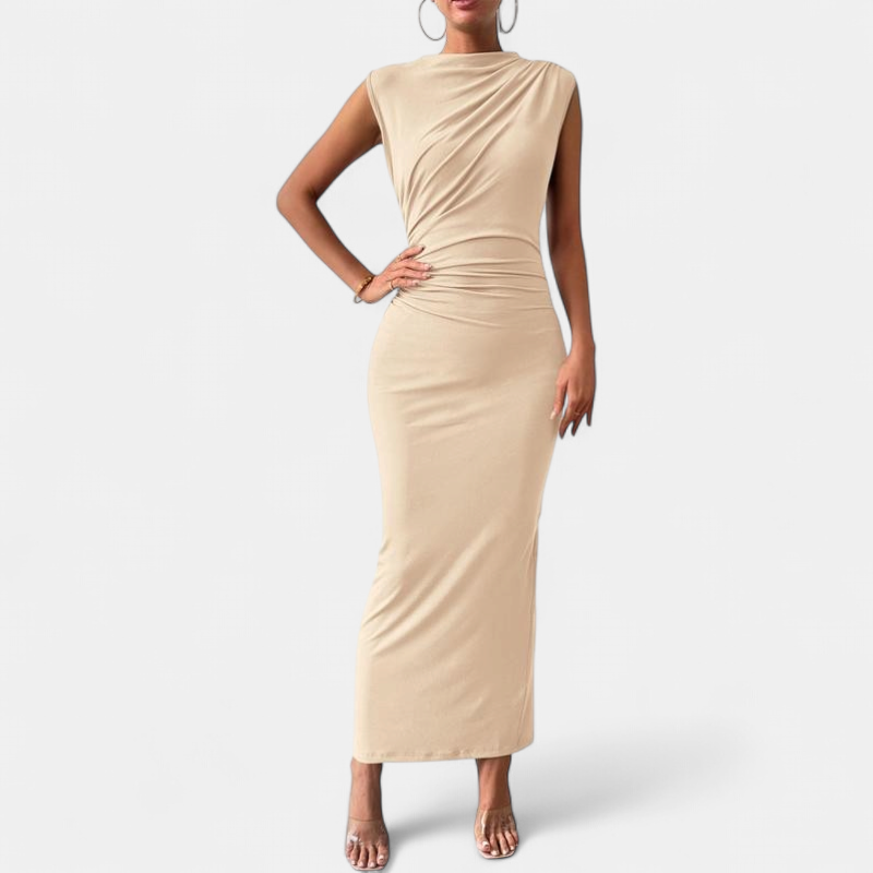 Women's Ruched Bodycon Maxi Dress, Sleeveless Mock Neck Column