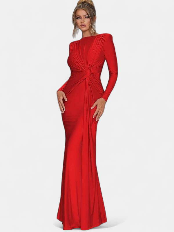 Women's Ruched Long Sleeve Maxi Dress, High Neck Fitted Drape
