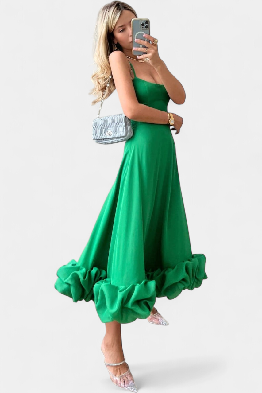 Women's Sleeveless A Line Midi Dress, Ruffle Hem Spaghetti Straps