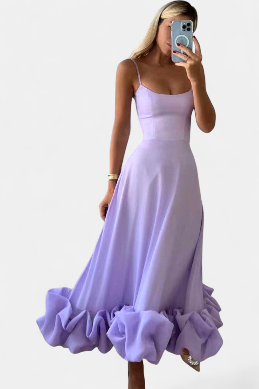 Women's Sleeveless A Line Midi Dress, Ruffle Hem Spaghetti Straps