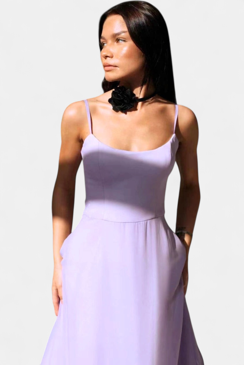Women's Sleeveless A Line Midi Dress, Ruffle Hem Spaghetti Straps